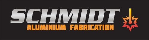 Schmidt Aluminium Fabrication logo with metallic text on a black background and an orange accent.